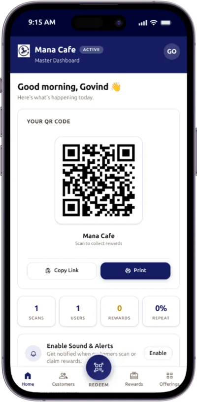 ReVisit dashboard showing loyalty scans and repeat-customer activity
